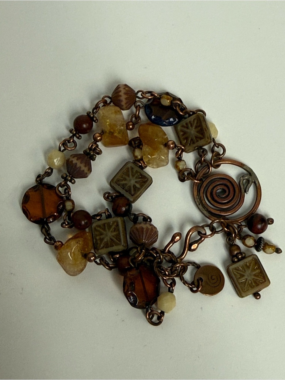Handcrafted Copper Multi-Strand Bracelet Semiprecious Gemstones Czech Glass Boho - Picture 8 of 14
